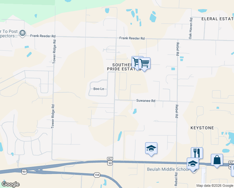 map of restaurants, bars, coffee shops, grocery stores, and more near 9691 Bridlewood Road in Pensacola
