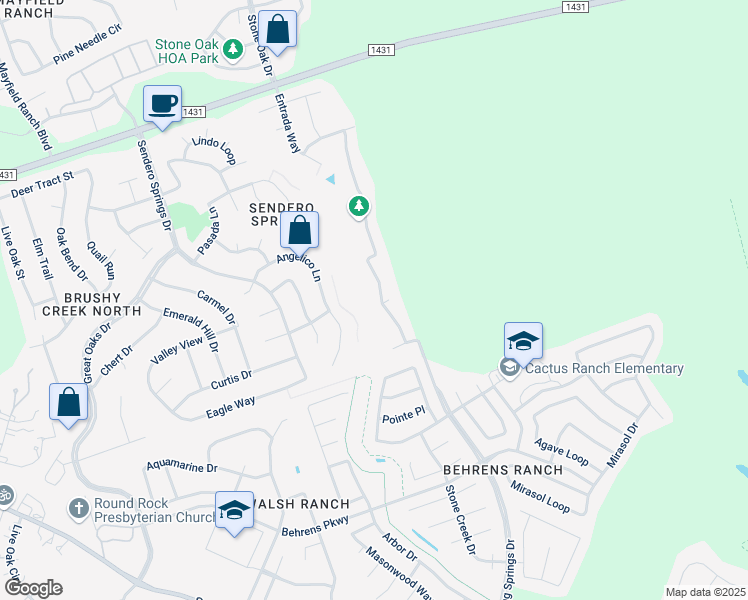 map of restaurants, bars, coffee shops, grocery stores, and more near 608 Cascada Lane in Round Rock