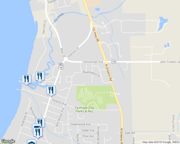 map of restaurants, bars, coffee shops, grocery stores, and more near 555 Washington Drive in Fairhope