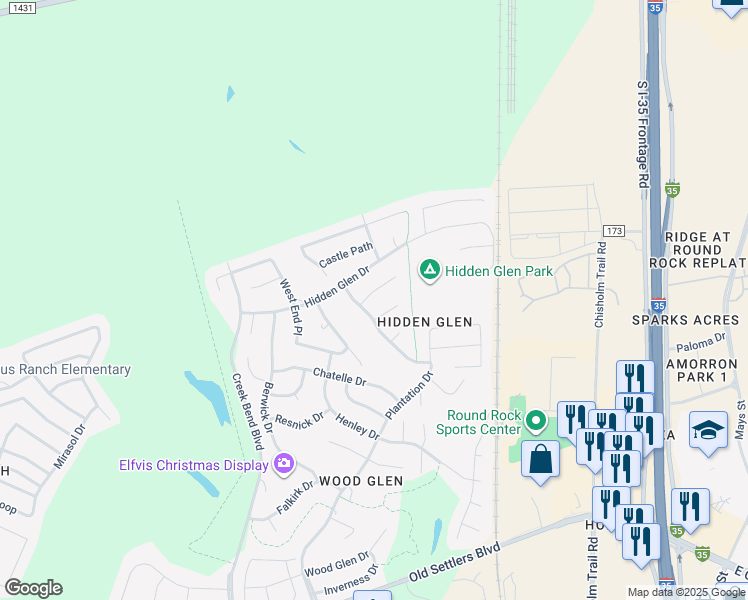 map of restaurants, bars, coffee shops, grocery stores, and more near 1121 Native Garden Cove in Round Rock