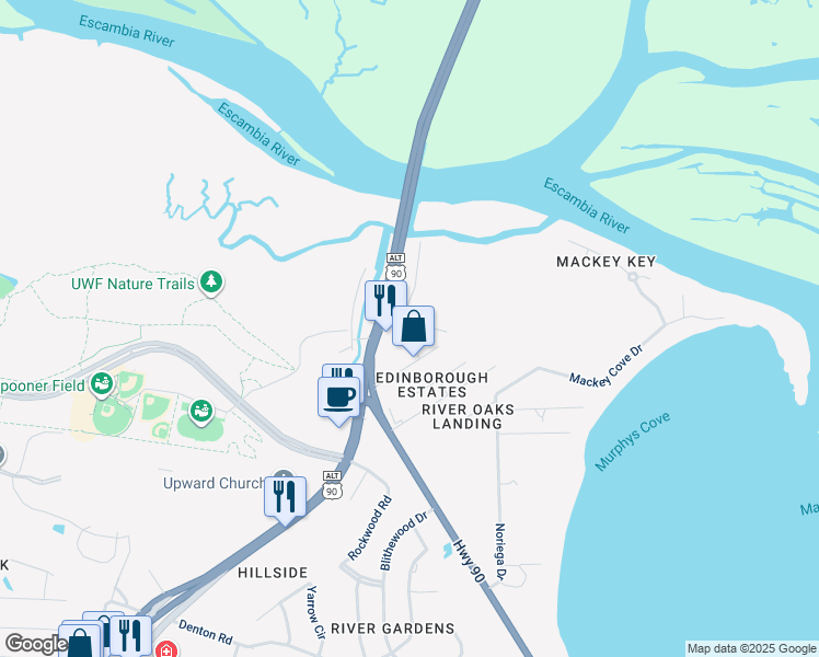 map of restaurants, bars, coffee shops, grocery stores, and more near 3449 Riverside Drive in Pensacola