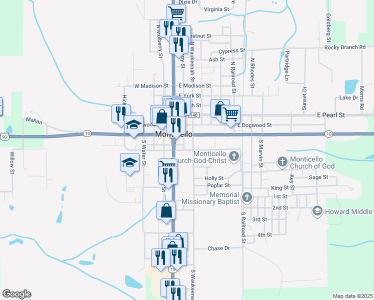 map of restaurants, bars, coffee shops, grocery stores, and more near 186 East Palmer Mill Road in Monticello