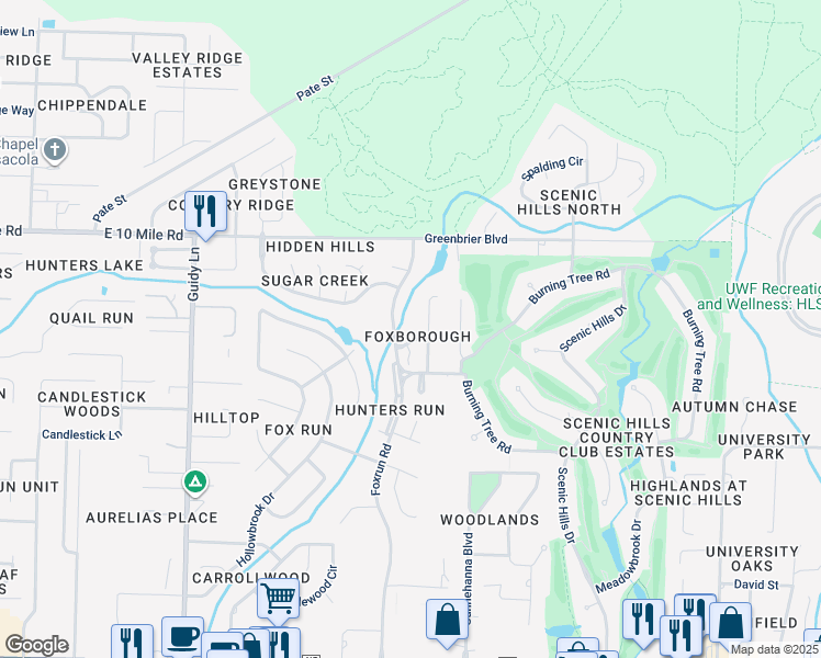 map of restaurants, bars, coffee shops, grocery stores, and more near 10165 Vixen Place in Pensacola