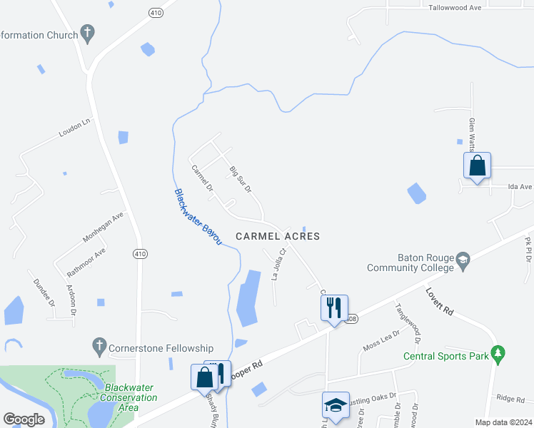 map of restaurants, bars, coffee shops, grocery stores, and more near 10612 Big Sur Drive in Baton Rouge