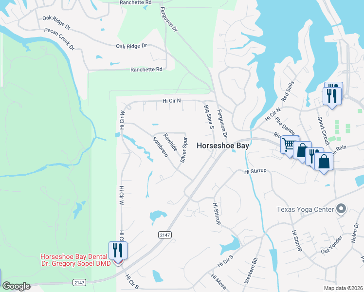 map of restaurants, bars, coffee shops, grocery stores, and more near 413 Silver Spur in Horseshoe Bay