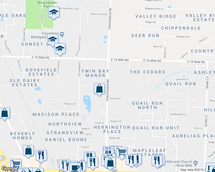map of restaurants, bars, coffee shops, grocery stores, and more near 10179 Chemstrand Road in Pensacola