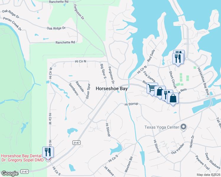 map of restaurants, bars, coffee shops, grocery stores, and more near 7503 Farm to Market Road 2147 in Horseshoe Bay