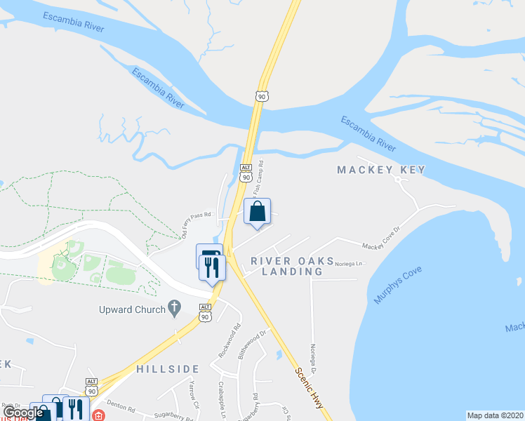 map of restaurants, bars, coffee shops, grocery stores, and more near 3436 Riverside Drive in Pensacola