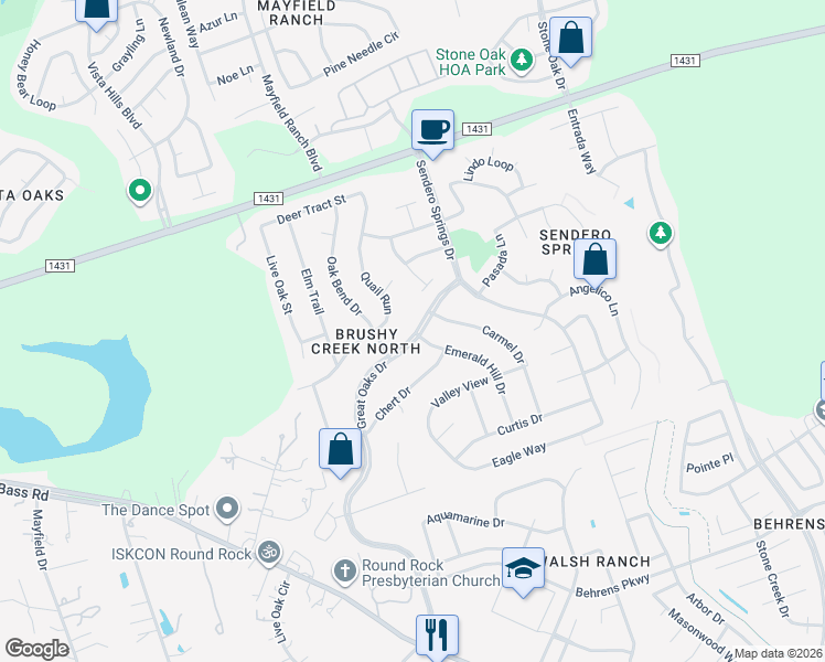 map of restaurants, bars, coffee shops, grocery stores, and more near 2902 Great Oaks Drive in Round Rock