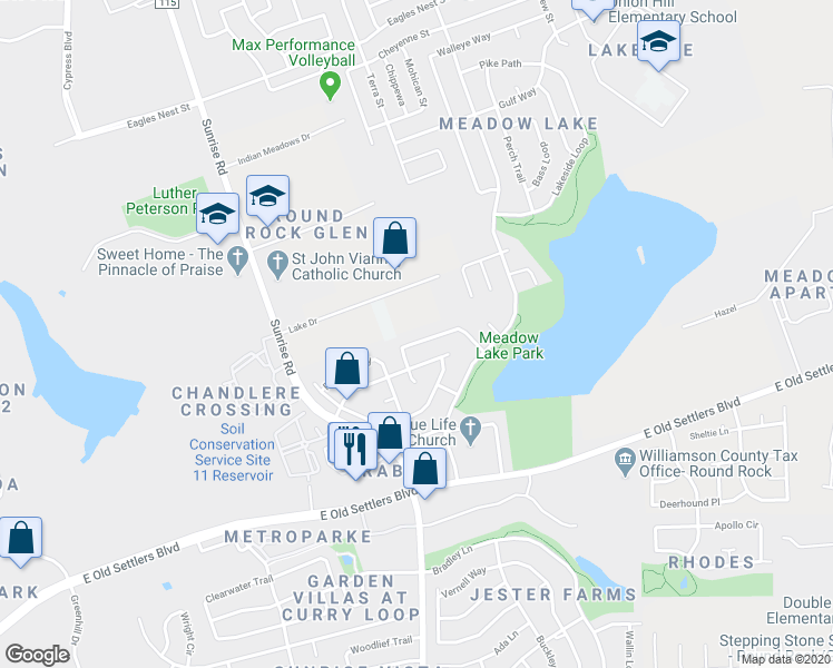 map of restaurants, bars, coffee shops, grocery stores, and more near 1020 Pathfinder Way in Round Rock