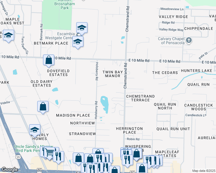 map of restaurants, bars, coffee shops, grocery stores, and more near 10194 Holsberry Road in Pensacola