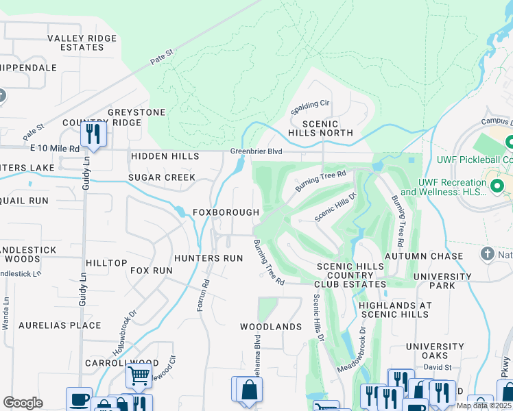 map of restaurants, bars, coffee shops, grocery stores, and more near 9900 Fairway Villas Lane in Pensacola