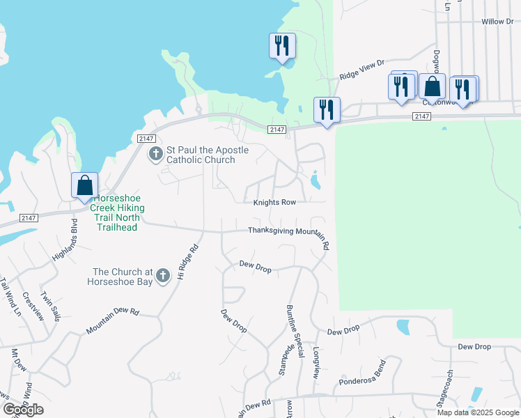 map of restaurants, bars, coffee shops, grocery stores, and more near 305 Knights Row in Cottonwood Shores