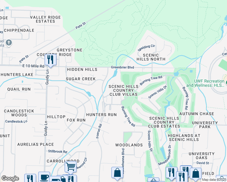 map of restaurants, bars, coffee shops, grocery stores, and more near 10152 Vixen Place in Pensacola