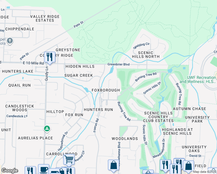 map of restaurants, bars, coffee shops, grocery stores, and more near 10126 Vixen Place in Pensacola