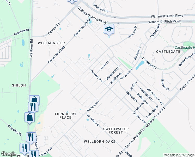 map of restaurants, bars, coffee shops, grocery stores, and more near 2602 Hailes Court in College Station