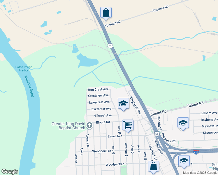 map of restaurants, bars, coffee shops, grocery stores, and more near 385 Bon Crest Avenue in Baton Rouge