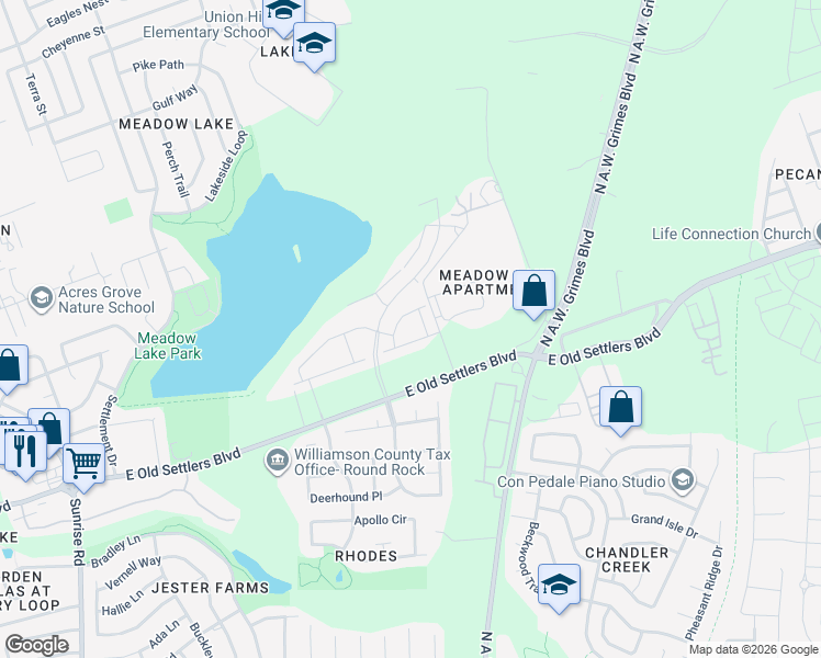 map of restaurants, bars, coffee shops, grocery stores, and more near 3201 Bluffs Landing Way in Round Rock