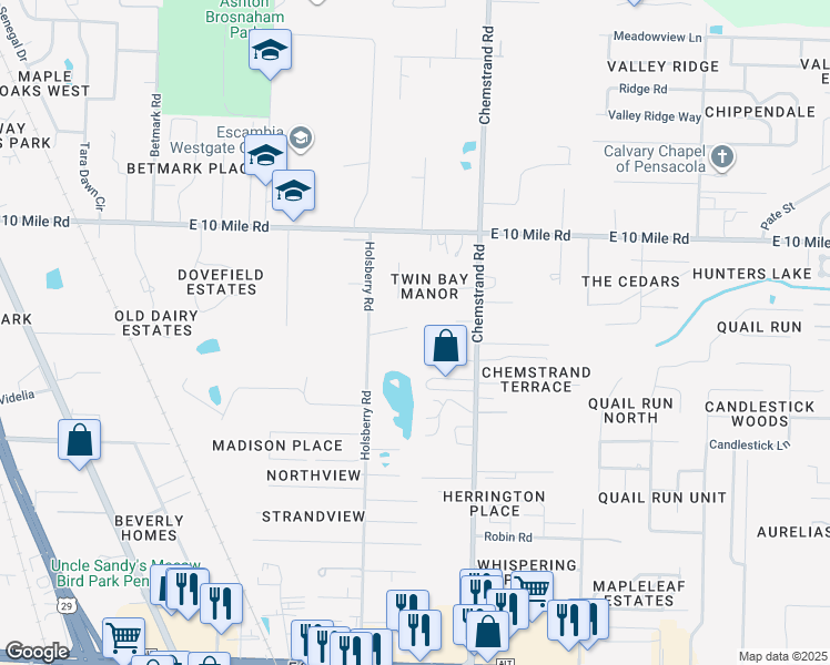 map of restaurants, bars, coffee shops, grocery stores, and more near 10194 Holsberry Road in Pensacola