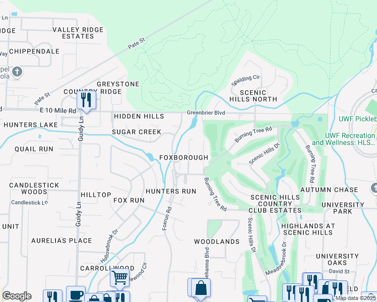 map of restaurants, bars, coffee shops, grocery stores, and more near 10130 Vixen Place in Pensacola