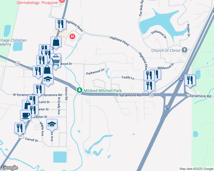 map of restaurants, bars, coffee shops, grocery stores, and more near 2108 Teddy Lane in Picayune