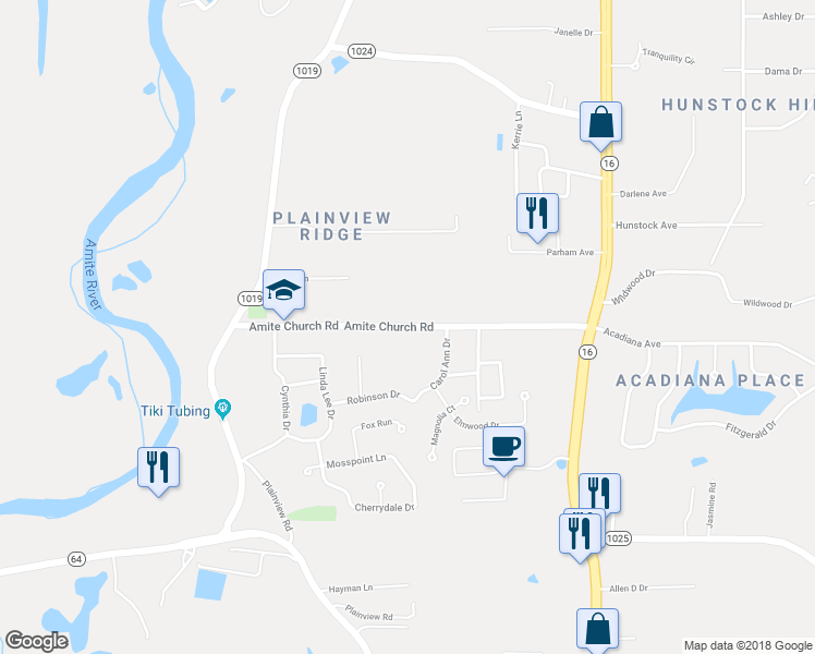 map of restaurants, bars, coffee shops, grocery stores, and more near 7265 Amite Church Road in Denham Springs