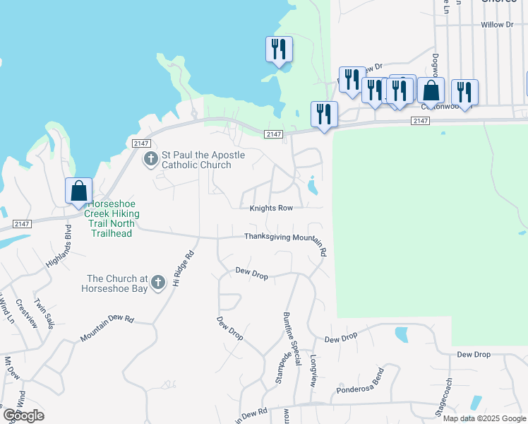 map of restaurants, bars, coffee shops, grocery stores, and more near 305 Knights Row in Cottonwood Shores