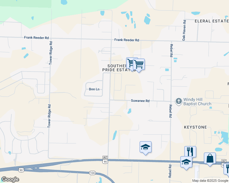 map of restaurants, bars, coffee shops, grocery stores, and more near 9691 Bridlewood Road in Pensacola
