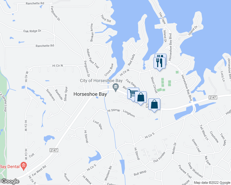 map of restaurants, bars, coffee shops, grocery stores, and more near 1 Community Drive in Horseshoe Bay