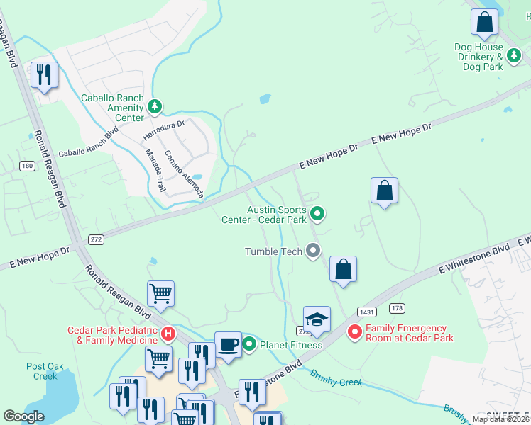map of restaurants, bars, coffee shops, grocery stores, and more near 554 County Road 272 in Cedar Park