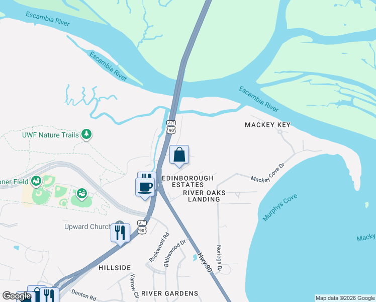 map of restaurants, bars, coffee shops, grocery stores, and more near 3448 Riverside Drive in Pensacola