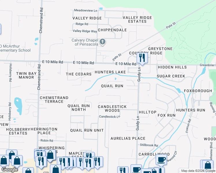 map of restaurants, bars, coffee shops, grocery stores, and more near 204 Lakeland Court in Pensacola