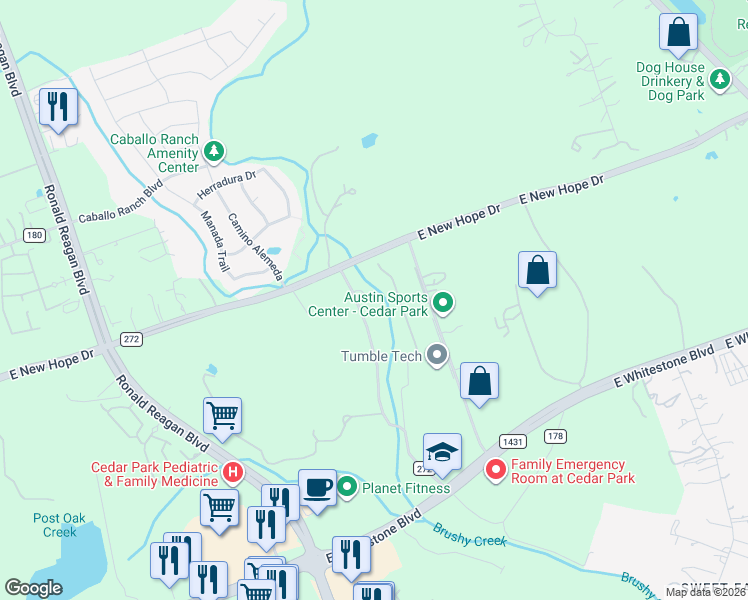 map of restaurants, bars, coffee shops, grocery stores, and more near 554 County Road 272 in Cedar Park