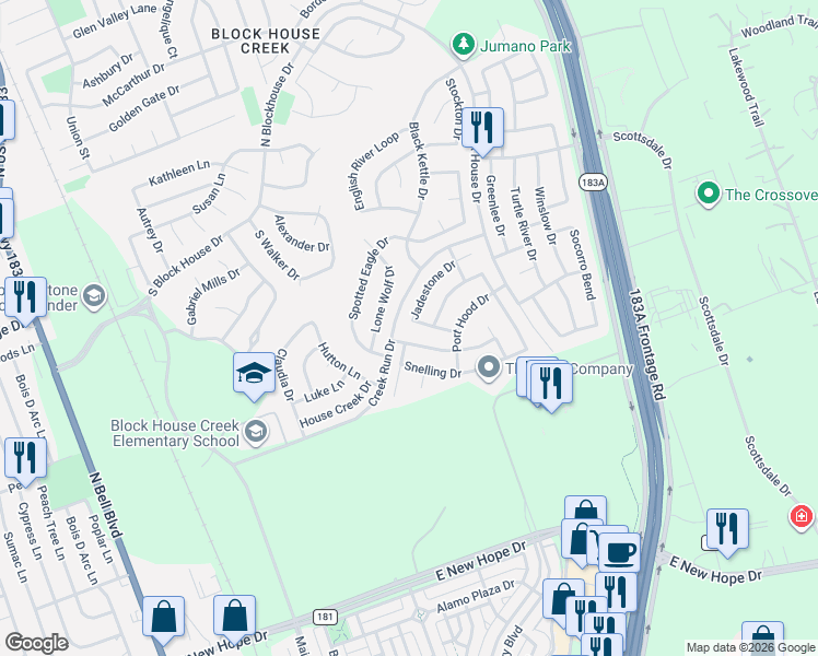 map of restaurants, bars, coffee shops, grocery stores, and more near 15017 Red Heron Drive in Leander