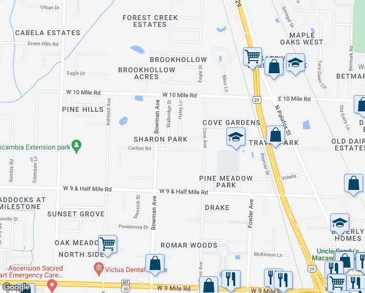 map of restaurants, bars, coffee shops, grocery stores, and more near 670 Carlton Road in Pensacola