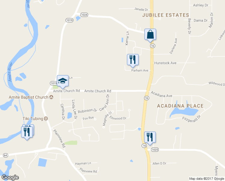map of restaurants, bars, coffee shops, grocery stores, and more near 7607 Amite Church Road in Denham Springs