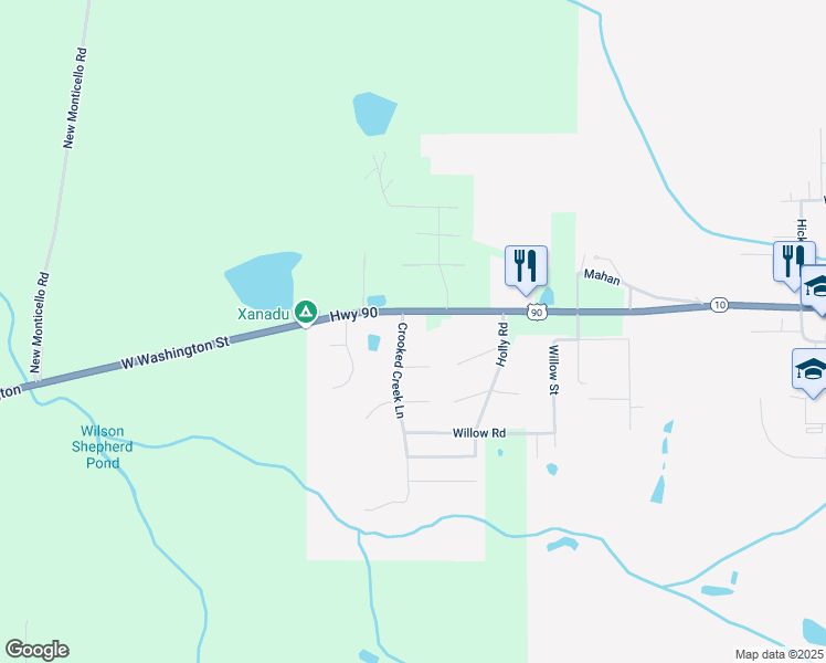 map of restaurants, bars, coffee shops, grocery stores, and more near 1580 Live Oak Road in Monticello