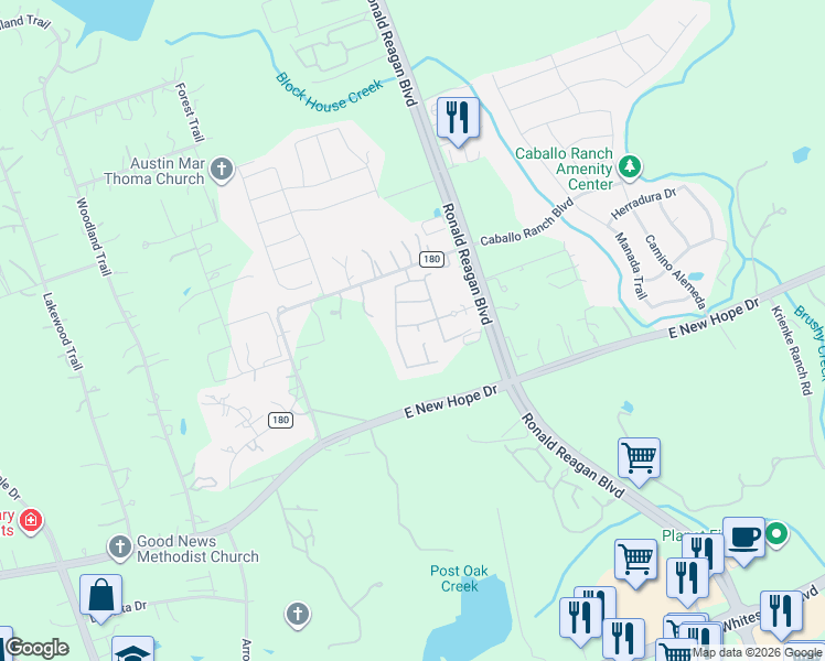 map of restaurants, bars, coffee shops, grocery stores, and more near 103 County Road 180 in Leander