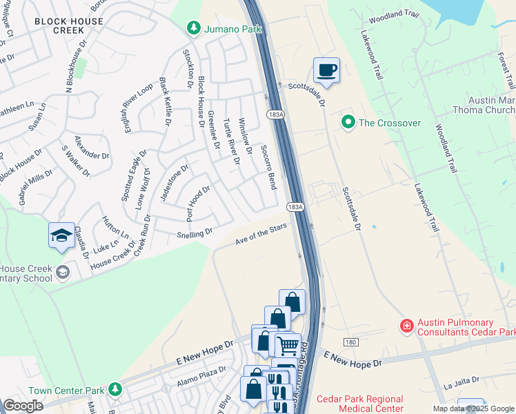 map of restaurants, bars, coffee shops, grocery stores, and more near 1402 Mojave Bend in Leander