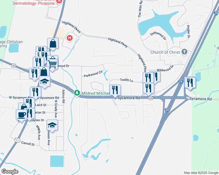 map of restaurants, bars, coffee shops, grocery stores, and more near 2108 Teddy Lane in Picayune