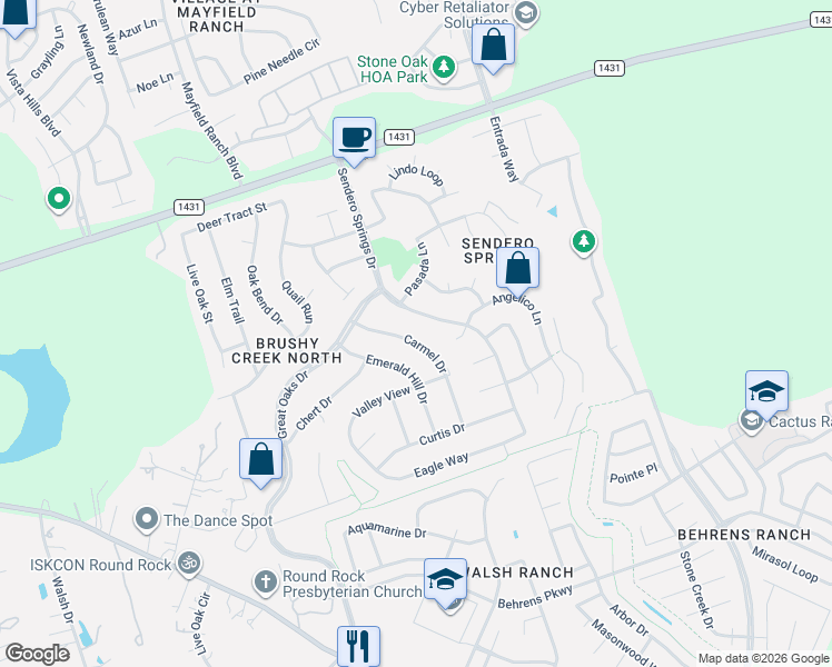 map of restaurants, bars, coffee shops, grocery stores, and more near 3802 Carmel Drive in Round Rock
