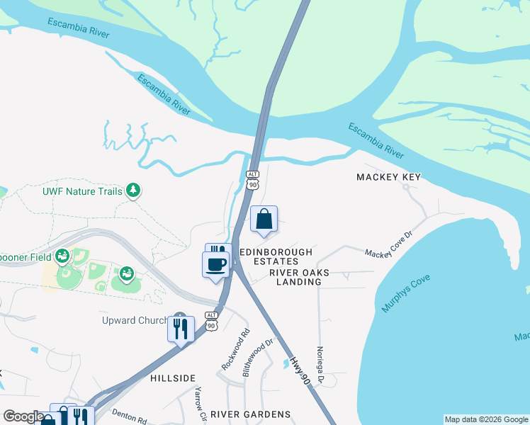 map of restaurants, bars, coffee shops, grocery stores, and more near 3448 Riverside Drive in Pensacola