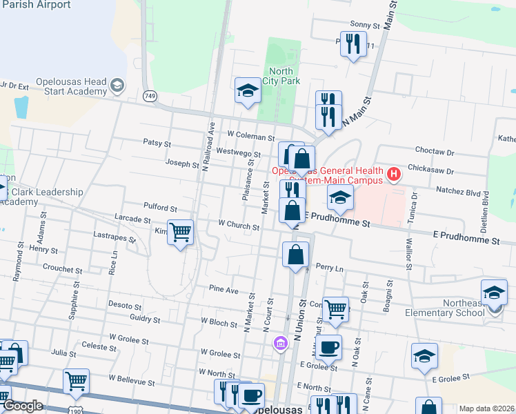 map of restaurants, bars, coffee shops, grocery stores, and more near West Prudhomme Street in Opelousas