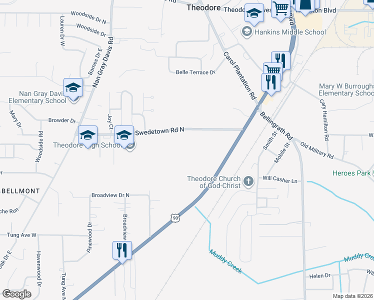 map of restaurants, bars, coffee shops, grocery stores, and more near in Theodore
