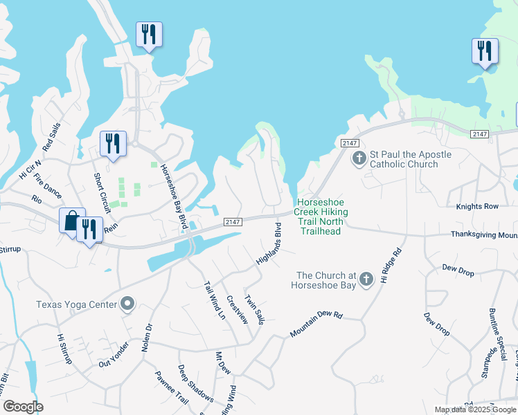 map of restaurants, bars, coffee shops, grocery stores, and more near Farm to Market 2147 in Horseshoe Bay