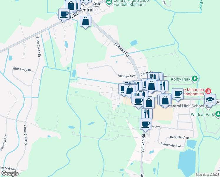 map of restaurants, bars, coffee shops, grocery stores, and more near 12868 Pirates Alley in Baton Rouge