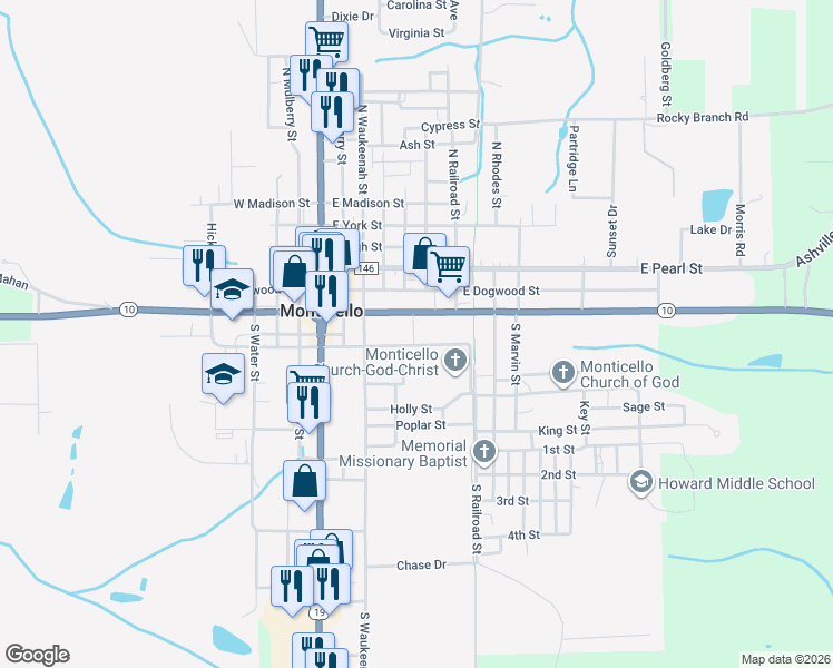 map of restaurants, bars, coffee shops, grocery stores, and more near 150 Hill Street in Monticello