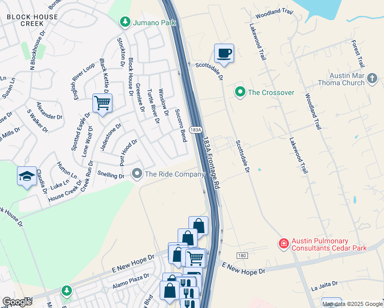 map of restaurants, bars, coffee shops, grocery stores, and more near 2400 Socorro Bend in Leander