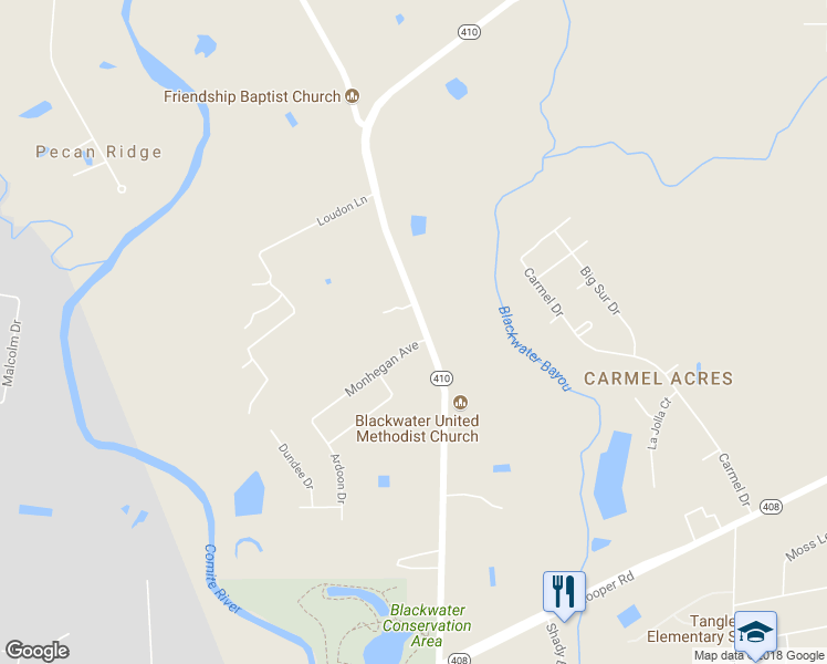 map of restaurants, bars, coffee shops, grocery stores, and more near 10215 Blackwater Road in Baker