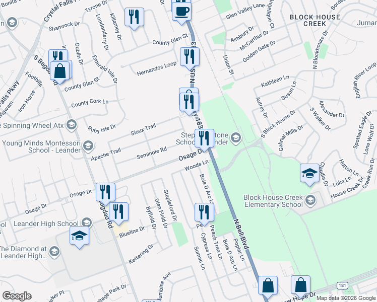 map of restaurants, bars, coffee shops, grocery stores, and more near 201 Osage Dr in Leander